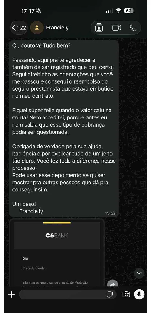 Conversa de Francielly relatando o reembolso do seguro prestamista