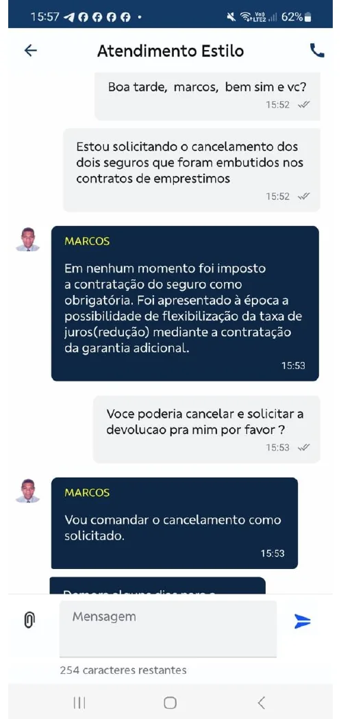 Trecho de conversa com gerente sobre cancelamento de seguros embutidos